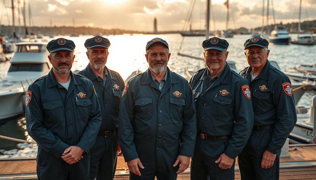 A group of seasoned harbor masters stand resolutely on the docks, their weather-worn faces and steadfast expressions conveying years of experience navigating the treacherous waters of the local harbor. They are dressed in crisp, navy-blue uniforms, their badges and insignia glinting in the warm, golden sunlight that filters through the clouds. Behind them, a fleet of sleek, well-maintained boats are moored, their hulls gently bobbing with the rhythm of the waves. The backdrop is a picturesque scene of the harbor, with sailboats and fishing vessels dotting the horizon, and the distant silhouette of a lighthouse standing watch over the calm, shimmering waters.