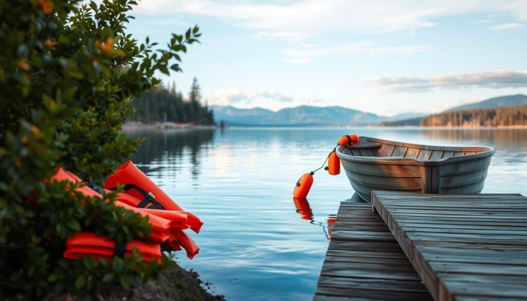 A peaceful lakeside dock with a cluster of orange life vests and a weathered wooden rowboat in the foreground. Muted green foliage and a serene, mirrored lake stretch out in the middle distance, while a cloudless blue sky and distant mountains create a tranquil, natural backdrop. Soft, warm lighting illuminates the scene, conveying a sense of safety and relaxation. The overall composition emphasizes the importance of boating safety equipment and the beauty of the natural environment. A peaceful lakeside dock with a cluster of orange life vests and a weathered wooden rowboat in the foreground. Muted green foliage and a serene, mirrored lake stretch out in the middle distance, while a cloudless blue sky and distant mountains create a tranquil, natural backdrop. Soft, warm lighting illuminates the scene, conveying a sense of safety and relaxation. The overall composition emphasizes the importance of boating safety equipment and the beauty of the natural environment.