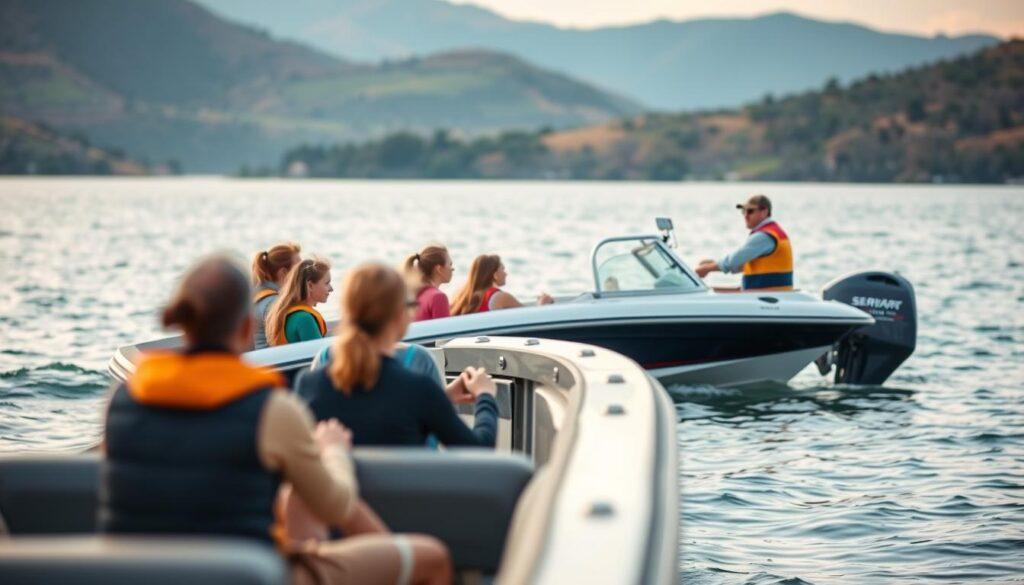 A picturesque outdoor scene of a boating safety course. In the foreground, a group of students sit attentively in a small powerboat, learning from an experienced instructor. The middle ground features a serene lake or river, with gently lapping waves. In the background, rolling hills or a coastal landscape create a tranquil, natural setting. Soft, diffused lighting illuminates the scene, creating a warm, inviting atmosphere. The composition emphasizes the educational aspect of the course, with the students' engaged expressions and the instructor's guiding presence. This image visually conveys the importance of safety training for recreational boaters.
