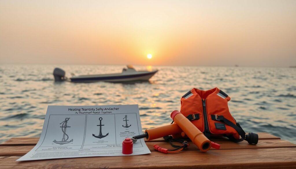 A serene coastal scene, with a small motorboat gently rocking on calm waters. In the foreground, a life jacket, flare gun, and other essential safety equipment are neatly arranged on a wooden bench. The middle ground features a detailed diagram illustrating proper anchoring techniques, while the background showcases a picturesque sunset over the horizon, casting a warm, golden glow across the scene. The lighting is soft and natural, with a slightly hazy, atmospheric quality. The camera angle is slightly elevated, providing a comprehensive view of the boating safety setup. The overall mood is one of informative calmness, emphasizing the importance of preparedness and responsible navigation. A serene coastal scene, with a small motorboat gently rocking on calm waters. In the foreground, a life jacket, flare gun, and other essential safety equipment are neatly arranged on a wooden bench. The middle ground features a detailed diagram illustrating proper anchoring techniques, while the background showcases a picturesque sunset over the horizon, casting a warm, golden glow across the scene. The lighting is soft and natural, with a slightly hazy, atmospheric quality. The camera angle is slightly elevated, providing a comprehensive view of the boating safety setup. The overall mood is one of informative calmness, emphasizing the importance of preparedness and responsible navigation.