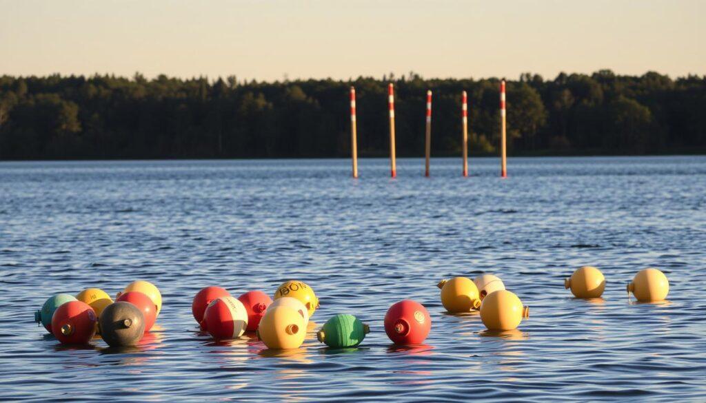 A serene lakeside scene, illuminated by golden afternoon sunlight. In the foreground, a cluster of vibrant, weathered navigation buoys in various shapes and colors dot the tranquil waters. Their reflections dance across the gently rippling surface. In the middle ground, a row of slim, sturdy marker posts stand tall, their reflective tape and bright paint visible from afar. In the background, a lush, forested shoreline frames the tranquil waterway, hinting at the hidden hazards beyond. The entire image conveys a sense of order, safety, and careful maritime guidance for those navigating the waters.