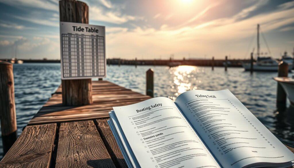 A weather-worn wooden dock extends into a tranquil harbor, with a tide table chart mounted on a weathered post. The chart displays the day's tidal data in crisp, clear typography. Sunlight filters through wispy clouds, casting a warm glow over the scene. In the foreground, a boating safety checklist lies open, its pages detailing essential equipment and procedures. The overall mood is one of coastal serenity and practical preparedness, inviting the viewer to consider the importance of understanding local tides and currents when navigating the waterways. A weather-worn wooden dock extends into a tranquil harbor, with a tide table chart mounted on a weathered post. The chart displays the day's tidal data in crisp, clear typography. Sunlight filters through wispy clouds, casting a warm glow over the scene. In the foreground, a boating safety checklist lies open, its pages detailing essential equipment and procedures. The overall mood is one of coastal serenity and practical preparedness, inviting the viewer to consider the importance of understanding local tides and currents when navigating the waterways.