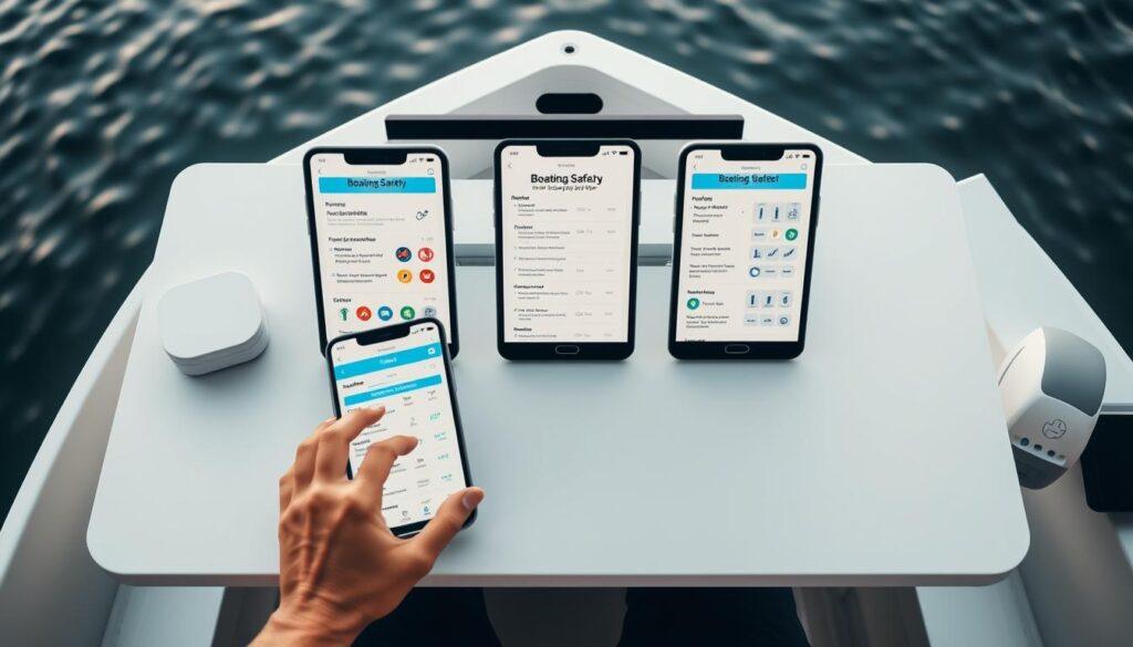 A well-lit, top-down view of a digital workspace displaying multiple boating safety checklist apps side-by-side on a sleek, minimalist desk. The apps feature clean, intuitive interfaces with icons, charts, and interactive elements. In the foreground, a pair of hands interacts with the apps, showcasing their functionality. The background is a soft, blurred scene of a serene lakeside, hinting at the real-world applications of these digital tools. The overall composition conveys a sense of efficiency, organization, and a focus on safety for the recreational boater. A well-lit, top-down view of a digital workspace displaying multiple boating safety checklist apps side-by-side on a sleek, minimalist desk. The apps feature clean, intuitive interfaces with icons, charts, and interactive elements. In the foreground, a pair of hands interacts with the apps, showcasing their functionality. The background is a soft, blurred scene of a serene lakeside, hinting at the real-world applications of these digital tools. The overall composition conveys a sense of efficiency, organization, and a focus on safety for the recreational boater.