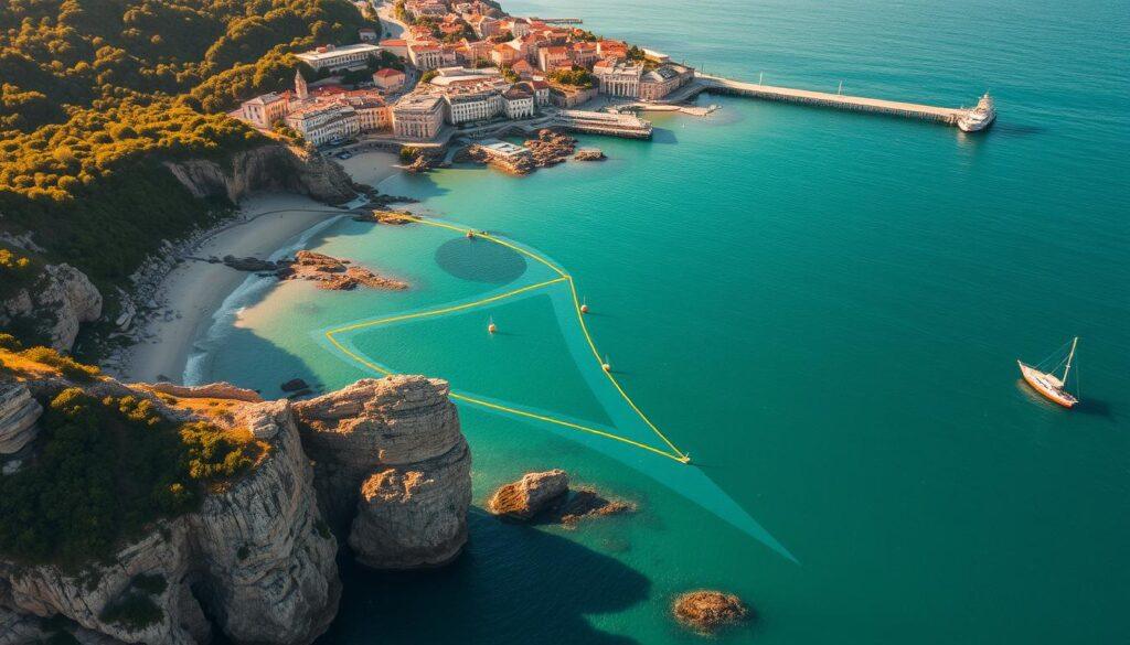 Aerial view of a detailed nautical chart displaying a safe boating route along a scenic coastal landscape. The foreground shows a highlighted navigation path winding through calm turquoise waters, dotted with navigational buoys and markers. The middle ground features rocky cliffs, sandy beaches, and lush green foliage. The background depicts a picturesque seaside town with historic buildings and piers, all illuminated by warm, golden sunlight casting long shadows. The scene conveys a sense of tranquility and careful planning for a safe and enjoyable maritime journey.