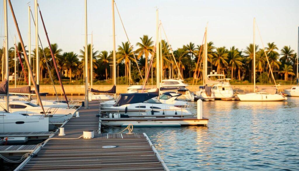 A serene marina at golden hour, featuring a row of well-maintained boat slips with sailboats and yachts gently swaying in the calm waters. In the foreground, a wooden dock with modern amenities like power and water hookups, while in the background, lush palm trees sway in a light breeze. The scene is bathed in warm, soft lighting, creating a picturesque and inviting atmosphere for boaters and marina enthusiasts. A wide-angle lens captures the expansive layout of the marina, showcasing the attention to detail and the overall sense of tranquility and comfort.