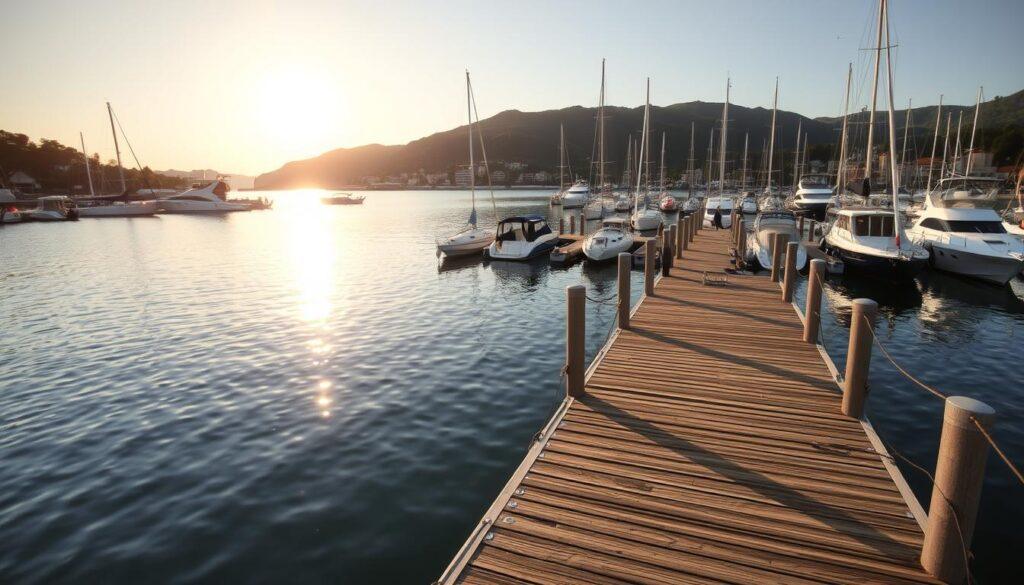 A serene marina nestled along a picturesque coastline, the sun's golden rays gently illuminating the tranquil waters. In the foreground, a thoughtfully designed boat dock extends into the calm harbor, its sturdy wooden planks and sturdy mooring posts inviting vessels of all sizes. The middle ground showcases a well-maintained harbor, with expertly placed navigational aids and a backdrop of lush, verdant hills that rise up in the distance. The scene exudes an atmosphere of relaxation and careful planning, where boaters can easily envision the ideal location to berth their craft and explore the surrounding area. Captured through a wide-angle lens, this image conveys the essence of a strategically positioned marina that caters to the needs of discerning boaters.