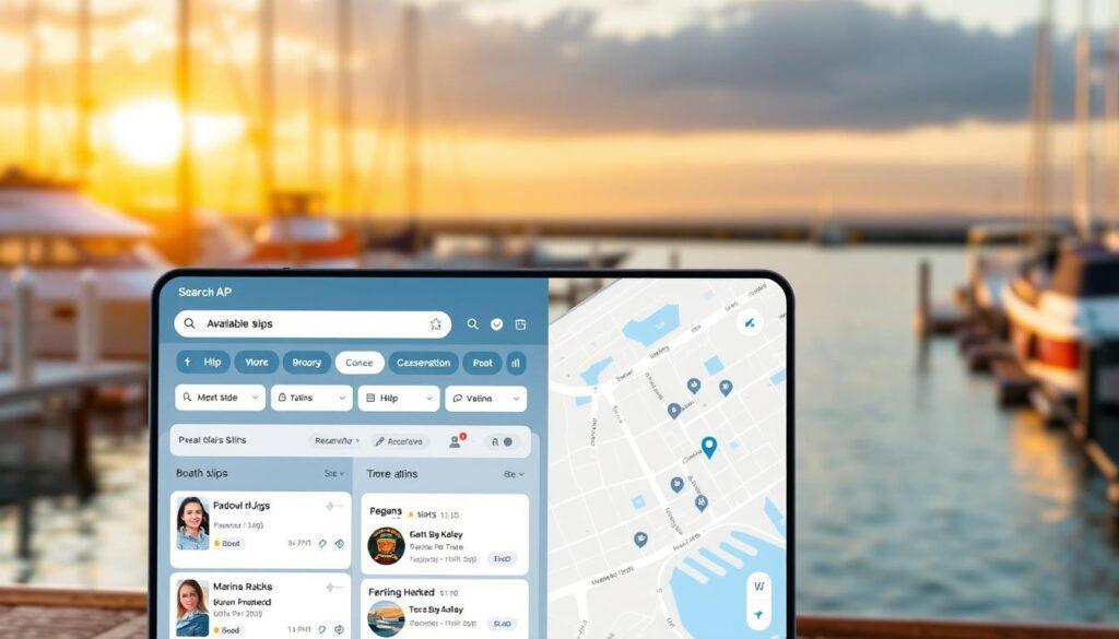 A clean, modern boating booking app interface with a prominent search bar, calendar, and map view. The foreground features a sleek dashboard displaying available slips, marina details, and intuitive booking tools. The middle ground showcases a map with marina icons and geolocation. The background has a blurred, serene harbor scene with boats, docks, and a warm, golden sunset lighting. The interface has a minimalist, user-friendly design with clear navigation, high-resolution imagery, and an inviting color palette of blues, grays, and earth tones to evoke the nautical atmosphere. The overall composition conveys a seamless, efficient boating reservation experience.