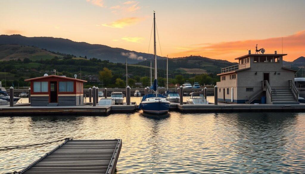 A serene marina at sunset, with three distinct slips showcasing budget-friendly options. In the foreground, a modest dock with a small sailboat gently rocking in the calm waters. The middle ground features two marinas - one with simple wooden planks and a weathered appearance, the other a more modern concrete structure. In the background, a scenic landscape of rolling hills, lush greenery, and a vibrant orange-pink sky, illuminating the tranquil scene. Soft, natural lighting casts long shadows, creating a warm, inviting atmosphere. The overall composition highlights the diverse, cost-effective marina choices available to budget-conscious boaters. A serene marina at sunset, with three distinct slips showcasing budget-friendly options. In the foreground, a modest dock with a small sailboat gently rocking in the calm waters. The middle ground features two marinas - one with simple wooden planks and a weathered appearance, the other a more modern concrete structure. In the background, a scenic landscape of rolling hills, lush greenery, and a vibrant orange-pink sky, illuminating the tranquil scene. Soft, natural lighting casts long shadows, creating a warm, inviting atmosphere. The overall composition highlights the diverse, cost-effective marina choices available to budget-conscious boaters.