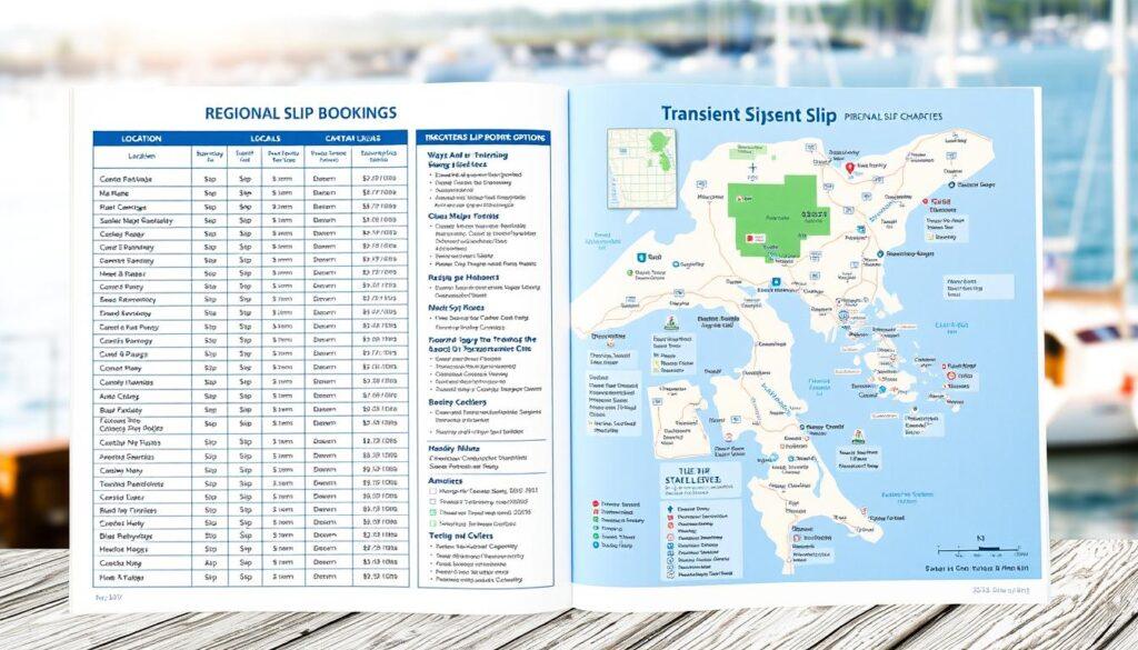 A vibrant, full-page directory spread showcasing regional transient slip booking options. The foreground features a neatly organized table with key details like location, slip sizes, amenities, and contact info for various marinas and harbors. The middle ground displays detailed local maps highlighting the geographic distribution of these transient slip facilities, with icons and labels denoting their specific offerings. The background has a blurred, sun-dappled coastal landscape, with sailboats and yachts gently swaying in the water, conveying a sense of serene nautical ambiance. Crisp, high-resolution photography with a wide, panoramic lens captures this comprehensive regional booking guide in a visually compelling, easy-to-navigate layout.
