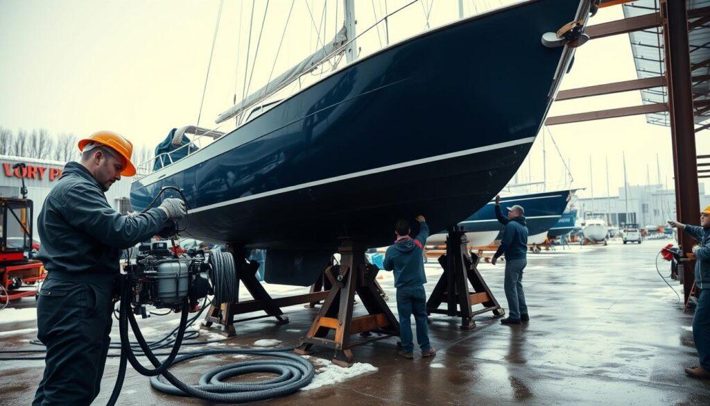 A well-lit, detailed scene of a boat in the process of winterization. In the foreground, a mechanic in overalls and a hard hat carefully drains the engine coolant, with hoses and tools neatly arranged. The middle ground features the boat, elevated on sturdy wooden supports, as technicians inspect the hull and apply protective coatings. In the background, a tidy boatyard with other vessels in various stages of winterization, under a crisp, overcast sky. The overall atmosphere conveys a sense of diligent, methodical preparation for the off-season. A well-lit, detailed scene of a boat in the process of winterization. In the foreground, a mechanic in overalls and a hard hat carefully drains the engine coolant, with hoses and tools neatly arranged. The middle ground features the boat, elevated on sturdy wooden supports, as technicians inspect the hull and apply protective coatings. In the background, a tidy boatyard with other vessels in various stages of winterization, under a crisp, overcast sky. The overall atmosphere conveys a sense of diligent, methodical preparation for the off-season.