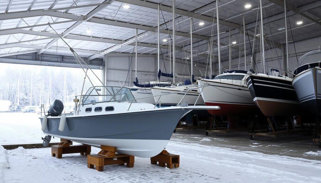 Boat winter storage options: a serene winter landscape, snow-covered docks and hulls of various vessels stored in a well-lit, spacious indoor facility. The foreground features a small fishing boat propped up on sturdy wooden blocks, its hull protected from the elements. In the middle ground, larger sailboats and motorboats are neatly arranged, their masts and rigging removed for the season. The background showcases the facility's high ceilings, with ample lighting illuminating the storage area. The overall atmosphere conveys a sense of organized efficiency, ensuring the safe and secure storage of boats during the off-season. Boat winter storage options: a serene winter landscape, snow-covered docks and hulls of various vessels stored in a well-lit, spacious indoor facility. The foreground features a small fishing boat propped up on sturdy wooden blocks, its hull protected from the elements. In the middle ground, larger sailboats and motorboats are neatly arranged, their masts and rigging removed for the season. The background showcases the facility's high ceilings, with ample lighting illuminating the storage area. The overall atmosphere conveys a sense of organized efficiency, ensuring the safe and secure storage of boats during the off-season.
