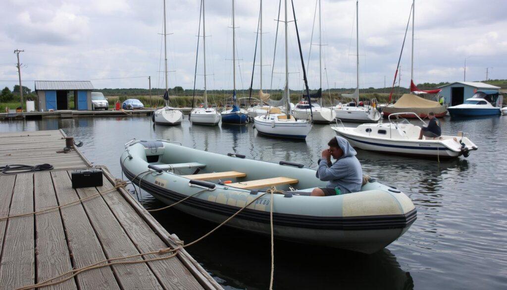 Moored DIY boat maintenance scene in a budget-friendly marina. A weathered wooden dock in the foreground, with a small inflatable boat tied up, its owner tinkering with a toolbox nearby. In the middle ground, a row of modest sailboats and fishing vessels bob gently in the water, their hulls in various stages of repair. The background reveals a simple, utilitarian marina facility - a modest shed, a few utility poles, and a backdrop of a cloudy but bright sky. The overall scene conveys a sense of self-reliance, practicality, and the personal satisfaction of maintaining one's own vessel on a budget. Moored DIY boat maintenance scene in a budget-friendly marina. A weathered wooden dock in the foreground, with a small inflatable boat tied up, its owner tinkering with a toolbox nearby. In the middle ground, a row of modest sailboats and fishing vessels bob gently in the water, their hulls in various stages of repair. The background reveals a simple, utilitarian marina facility - a modest shed, a few utility poles, and a backdrop of a cloudy but bright sky. The overall scene conveys a sense of self-reliance, practicality, and the personal satisfaction of maintaining one's own vessel on a budget.