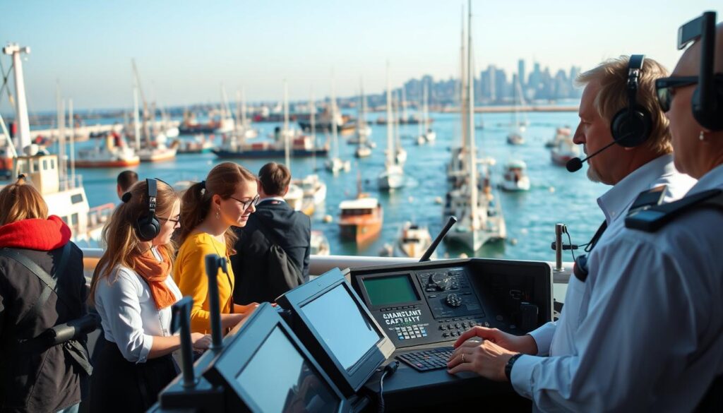 A busy harbor scene focused on marine traffic safety radio communication. In the foreground, a diverse group of mariners in professional attire, including a woman and a man, is gathered around a radio console, intently communicating with their vessels. The middle section features a bustling harbor with various boats, including cargo ships and sailboats, navigating through well-marked lanes. The background showcases a clear blue sky and distant city skyline, adding to the busy harbor atmosphere. Use warm, natural lighting to create an inviting mood, with a shallow depth of field focusing on the mariners and radio equipment while softly blurring the background. The angle should be slightly elevated, capturing both the human element and the marine traffic coordination. A busy harbor scene focused on marine traffic safety radio communication. In the foreground, a diverse group of mariners in professional attire, including a woman and a man, is gathered around a radio console, intently communicating with their vessels. The middle section features a bustling harbor with various boats, including cargo ships and sailboats, navigating through well-marked lanes. The background showcases a clear blue sky and distant city skyline, adding to the busy harbor atmosphere. Use warm, natural lighting to create an inviting mood, with a shallow depth of field focusing on the mariners and radio equipment while softly blurring the background. The angle should be slightly elevated, capturing both the human element and the marine traffic coordination.