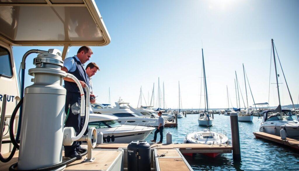 A busy marine pump-out station in operation during a bright, sunny day. In the foreground, a clean, well-maintained pump-out dock features a modern pump, with a staff member in professional attire assisting a boater. The boater is focused on the equipment, showcasing a sense of teamwork. In the middle ground, various boats are moored, with one being serviced at the pump-out station, emphasizing the importance of marina services. The background showcases a tranquil marina with yachts and sailboats, under a clear blue sky. Soft sunlight casts gentle reflections on the water surface, creating an inviting atmosphere for boaters. The image should capture a sense of efficiency and professionalism, emphasizing the operational aspects of marina services. A busy marine pump-out station in operation during a bright, sunny day. In the foreground, a clean, well-maintained pump-out dock features a modern pump, with a staff member in professional attire assisting a boater. The boater is focused on the equipment, showcasing a sense of teamwork. In the middle ground, various boats are moored, with one being serviced at the pump-out station, emphasizing the importance of marina services. The background showcases a tranquil marina with yachts and sailboats, under a clear blue sky. Soft sunlight casts gentle reflections on the water surface, creating an inviting atmosphere for boaters. The image should capture a sense of efficiency and professionalism, emphasizing the operational aspects of marina services.