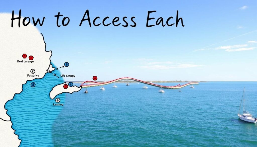 A detailed local anchorages access map designed for an article section titled "How to Access Each." The foreground features a hand-drawn style map highlighting the best anchorage spots marked with distinct icons. In the middle, a winding coastline shows various access points, such as docks and boat launch areas, depicted with small boats to indicate accessibility. The background is a serene harbor scene with gentle waves and a clear blue sky, suggesting a calm, sunny day perfect for boating. The lighting is vibrant, giving the map a lively and inviting atmosphere. The illustration should be vibrant, colorful, and easy to understand, without any text, ensuring it effectively conveys the subject matter. A detailed local anchorages access map designed for an article section titled "How to Access Each." The foreground features a hand-drawn style map highlighting the best anchorage spots marked with distinct icons. In the middle, a winding coastline shows various access points, such as docks and boat launch areas, depicted with small boats to indicate accessibility. The background is a serene harbor scene with gentle waves and a clear blue sky, suggesting a calm, sunny day perfect for boating. The lighting is vibrant, giving the map a lively and inviting atmosphere. The illustration should be vibrant, colorful, and easy to understand, without any text, ensuring it effectively conveys the subject matter.