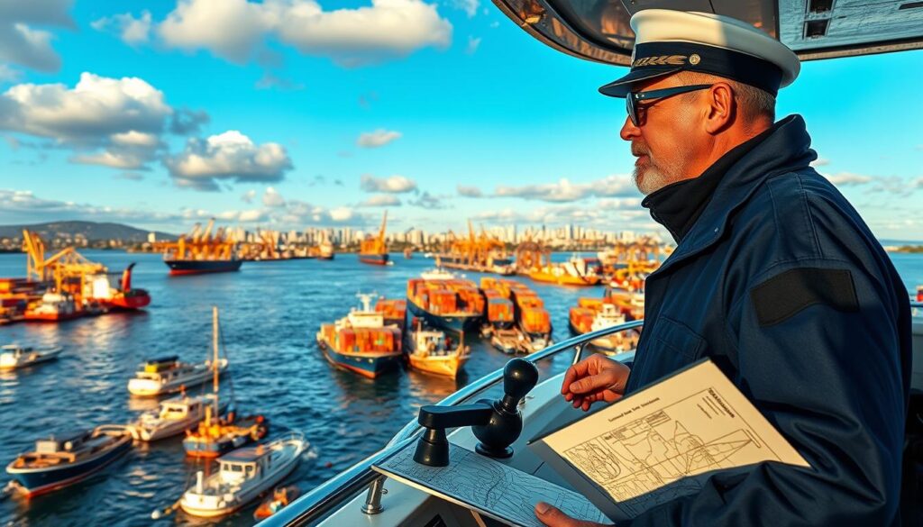 A detailed nautical scene depicting port entry planning and navigation. In the foreground, a veteran mariner in a navy-blue professional outfit stands confidently at the helm of a small vessel, studying a navigational chart. The middle ground features busy harbor activity, with various boats maneuvering in and out of slips and large cargo ships anchored in the distance, all surrounded by vibrant harbor infrastructure and cranes. The background showcases a skyline of a coastal city with warm sunlight casting golden reflections on the water, creating a calming atmosphere. A clear blue sky with scattered clouds enhances the inviting mood. The angle should be slightly elevated, capturing the depth of the harbor and the intricate details of navigation, while ensuring the image remains informative and engaging. A detailed nautical scene depicting port entry planning and navigation. In the foreground, a veteran mariner in a navy-blue professional outfit stands confidently at the helm of a small vessel, studying a navigational chart. The middle ground features busy harbor activity, with various boats maneuvering in and out of slips and large cargo ships anchored in the distance, all surrounded by vibrant harbor infrastructure and cranes. The background showcases a skyline of a coastal city with warm sunlight casting golden reflections on the water, creating a calming atmosphere. A clear blue sky with scattered clouds enhances the inviting mood. The angle should be slightly elevated, capturing the depth of the harbor and the intricate details of navigation, while ensuring the image remains informative and engaging.