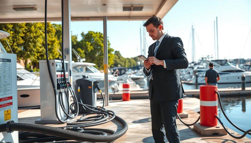 A well-maintained fuel dock at a marina during a sunny afternoon, showcasing a clean and organized service area. In the foreground, a professional marina inspector in business attire is examining fuel hoses and safety equipment, ensuring compliance with regulations. The middle ground features several boats docked, with reflections shimmering on the water's surface. To the background, lush green trees and a clear blue sky enhance the serene atmosphere. The lighting is bright and vibrant, evoking a sense of safety and professionalism. The scene is captured with a wide-angle lens to highlight the expansive marina setting, conveying a mood of trustworthiness and attention to detail. No people are depicted in casual clothing or provocative poses. A well-maintained fuel dock at a marina during a sunny afternoon, showcasing a clean and organized service area. In the foreground, a professional marina inspector in business attire is examining fuel hoses and safety equipment, ensuring compliance with regulations. The middle ground features several boats docked, with reflections shimmering on the water's surface. To the background, lush green trees and a clear blue sky enhance the serene atmosphere. The lighting is bright and vibrant, evoking a sense of safety and professionalism. The scene is captured with a wide-angle lens to highlight the expansive marina setting, conveying a mood of trustworthiness and attention to detail. No people are depicted in casual clothing or provocative poses.