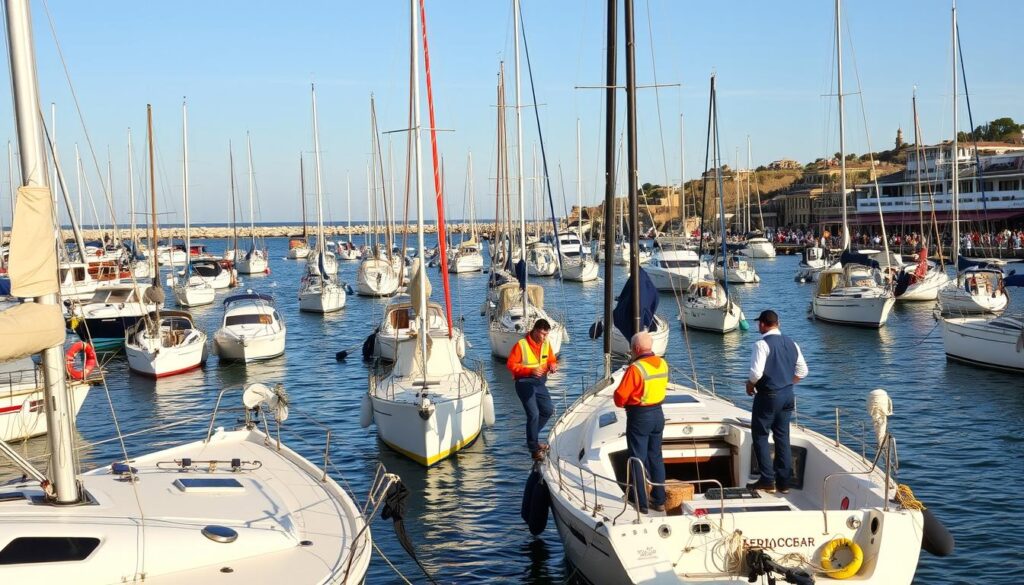 A busy bay filled with numerous anchored boats of various sizes, some sailboats, and some motorboats, showcasing a scene of lively maritime activity. In the foreground, a few boats are close together, with sailors engaged in friendly conversation while managing their lines, all dressed in bright yet professional casual attire. The middle ground features more boats, creating a sense of community and cooperation, while in the background, a picturesque shoreline hints at busy waterfront establishments, with people enjoying the day. The scene is bathed in warm, late afternoon sunlight, casting long shadows and creating a vibrant yet calm atmosphere. The perspective is slightly elevated, capturing the expanse of the bay and the organized chaos of managing crowds effectively. A busy bay filled with numerous anchored boats of various sizes, some sailboats, and some motorboats, showcasing a scene of lively maritime activity. In the foreground, a few boats are close together, with sailors engaged in friendly conversation while managing their lines, all dressed in bright yet professional casual attire. The middle ground features more boats, creating a sense of community and cooperation, while in the background, a picturesque shoreline hints at busy waterfront establishments, with people enjoying the day. The scene is bathed in warm, late afternoon sunlight, casting long shadows and creating a vibrant yet calm atmosphere. The perspective is slightly elevated, capturing the expanse of the bay and the organized chaos of managing crowds effectively.