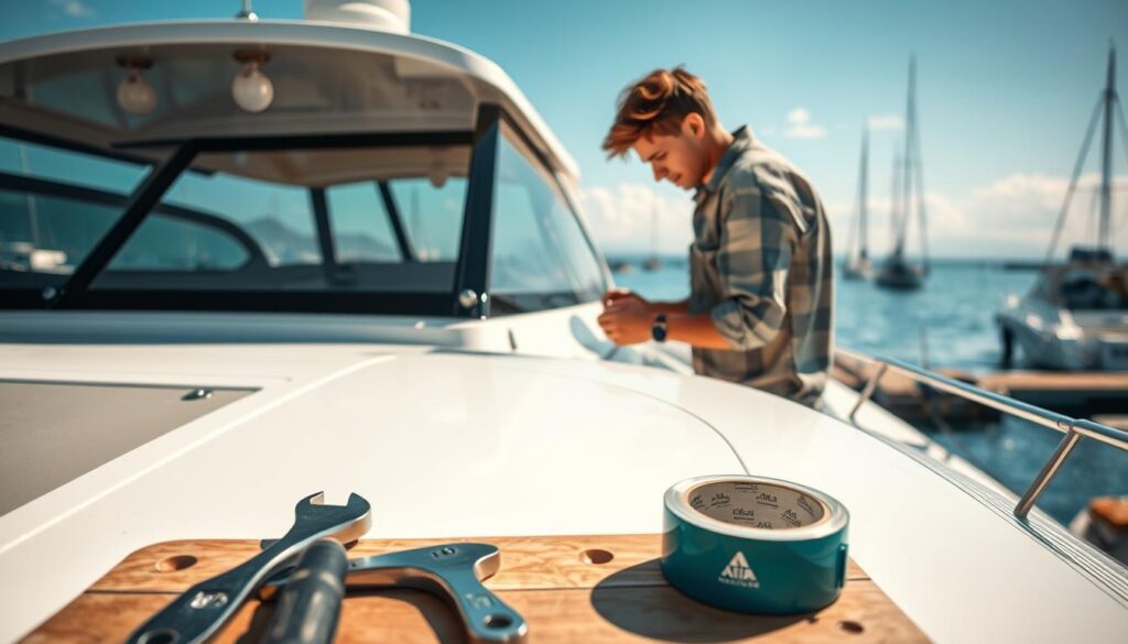 A close-up view of a DIY boat repair scene, featuring a skilled individual in modest casual clothing working diligently on a sleek, modern boat. In the foreground, tools like a wrench, screwdriver, and a roll of duct tape are neatly arranged on a small portable workbench, while the middle ground showcases the individual inspecting a section of the boat’s hull, lit by soft, natural sunlight. In the background, a serene marina reflects calm blue waters, boats gently bobbing in the distance under an expansive sky. The atmosphere is focused and industrious, conveying a sense of self-sufficiency and expertise in boat maintenance. The composition should evoke a sense of professionalism and calmness, with warm, inviting lighting that highlights the details of the materials and tools. A close-up view of a DIY boat repair scene, featuring a skilled individual in modest casual clothing working diligently on a sleek, modern boat. In the foreground, tools like a wrench, screwdriver, and a roll of duct tape are neatly arranged on a small portable workbench, while the middle ground showcases the individual inspecting a section of the boat’s hull, lit by soft, natural sunlight. In the background, a serene marina reflects calm blue waters, boats gently bobbing in the distance under an expansive sky. The atmosphere is focused and industrious, conveying a sense of self-sufficiency and expertise in boat maintenance. The composition should evoke a sense of professionalism and calmness, with warm, inviting lighting that highlights the details of the materials and tools.