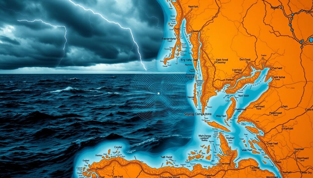 A detailed nautical chart overlay depicting a coastal region, emphasizing harbor entrances as potential safe havens during severe weather. In the foreground, intricate map symbols and depth contours are highlighted, with vivid colors indicating varying water depths and navigational markers. The middle layer showcases real-time weather data, represented by dynamic weather icons and radar patterns seamlessly integrated into the chart. The background features a stormy ocean scene, with dark clouds and turbulent waves, creating a sense of urgency. The lighting reflects a dramatic contrast, with streaks of lightning illuminating the chart, adding to the atmosphere of impending weather challenges. The overall mood is a mix of caution and preparedness, embodying the concept of safety amid chaos. The image should be devoid of any text or watermarks. A detailed nautical chart overlay depicting a coastal region, emphasizing harbor entrances as potential safe havens during severe weather. In the foreground, intricate map symbols and depth contours are highlighted, with vivid colors indicating varying water depths and navigational markers. The middle layer showcases real-time weather data, represented by dynamic weather icons and radar patterns seamlessly integrated into the chart. The background features a stormy ocean scene, with dark clouds and turbulent waves, creating a sense of urgency. The lighting reflects a dramatic contrast, with streaks of lightning illuminating the chart, adding to the atmosphere of impending weather challenges. The overall mood is a mix of caution and preparedness, embodying the concept of safety amid chaos. The image should be devoid of any text or watermarks.