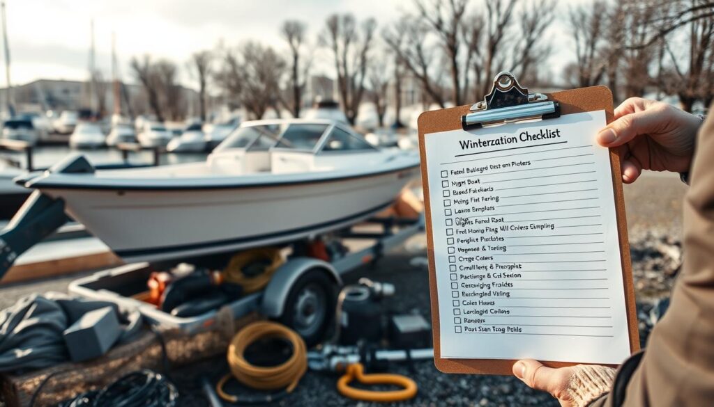 A detailed outdoor scene of an organized off-season boat maintenance and winterization checklist. In the foreground, a clipboard with a neatly written checklist is prominently displayed, held by a person in casual work attire. The middle ground features a boat on a trailer, with various maintenance tools like a hose, oil can, and tarps scattered around. The background showcases a serene, slightly frosty marina with bare trees, emphasizing the winter season. Soft, diffused sunlight filters through the clouds, casting gentle shadows. Capture the mood of preparation and diligence, highlighting the importance of boat care during off-season, with a focus on clarity and composition. The angle is slightly above eye level, creating an engaging, informative perspective. A detailed outdoor scene of an organized off-season boat maintenance and winterization checklist. In the foreground, a clipboard with a neatly written checklist is prominently displayed, held by a person in casual work attire. The middle ground features a boat on a trailer, with various maintenance tools like a hose, oil can, and tarps scattered around. The background showcases a serene, slightly frosty marina with bare trees, emphasizing the winter season. Soft, diffused sunlight filters through the clouds, casting gentle shadows. Capture the mood of preparation and diligence, highlighting the importance of boat care during off-season, with a focus on clarity and composition. The angle is slightly above eye level, creating an engaging, informative perspective.
