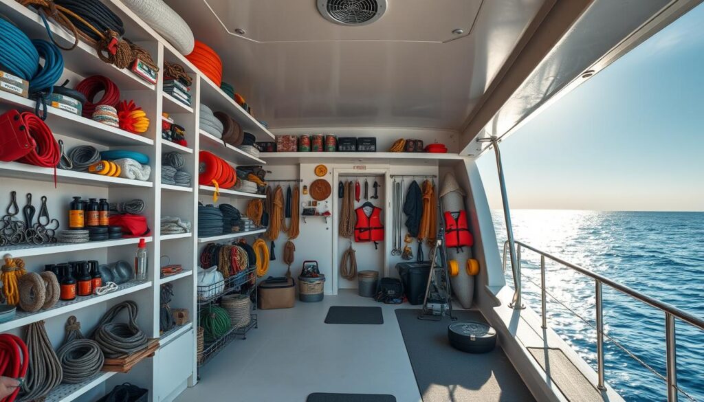 A detailed view of an organized marine supply and parts storage on a boat deck. In the foreground, shelves filled with neatly arranged marine tools, ropes, and spare parts, showcasing items like hooks, life vests, and maintenance supplies in various sizes and colors. The middle ground features a clean, non-slip deck with equipment like a fishfinder and a small toolbox, emphasizing the marine repair theme. The background reveals a tranquil ocean horizon under clear blue skies, contributing to a serene atmosphere. Soft, natural lighting enhances the clarity of the image, with a slight lens flare to create depth. The scene captures a sense of readiness and professionalism, evoking the spirit of maritime maintenance and local repair services. A detailed view of an organized marine supply and parts storage on a boat deck. In the foreground, shelves filled with neatly arranged marine tools, ropes, and spare parts, showcasing items like hooks, life vests, and maintenance supplies in various sizes and colors. The middle ground features a clean, non-slip deck with equipment like a fishfinder and a small toolbox, emphasizing the marine repair theme. The background reveals a tranquil ocean horizon under clear blue skies, contributing to a serene atmosphere. Soft, natural lighting enhances the clarity of the image, with a slight lens flare to create depth. The scene captures a sense of readiness and professionalism, evoking the spirit of maritime maintenance and local repair services.