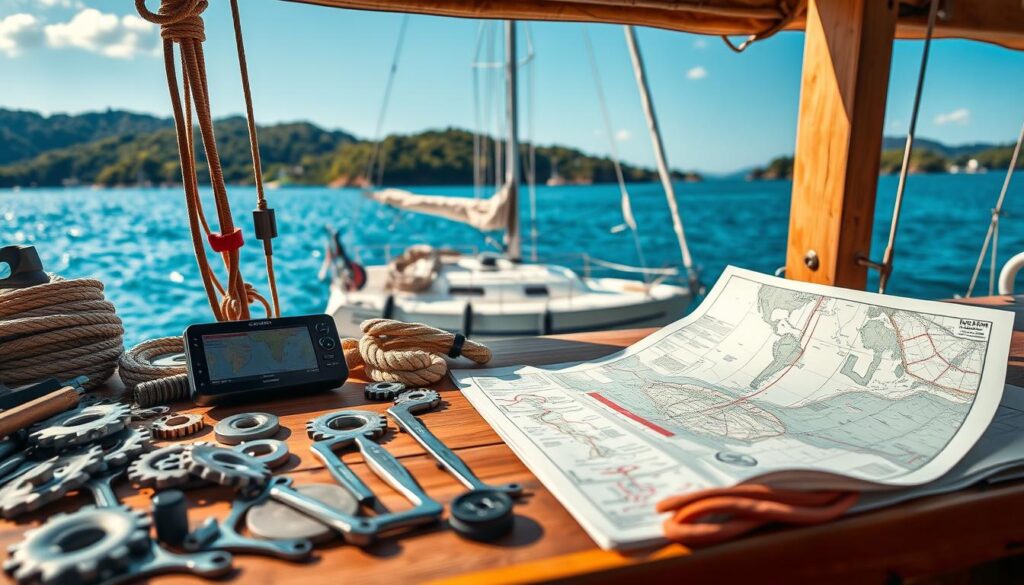 A focused scene depicting marine DIY parts sourcing and navigation tools. In the foreground, a wooden workbench is scattered with various boat parts: gears, ropes, wrenches, and a detailed nautical map. A modern GPS device prominently displays marine charts. In the middle ground, a sailing boat is moored at a tranquil harbor, surrounded by calm blue waters and gentle waves. The background features verdant hills and a bright summer sky, with sunlight reflecting off the water. The atmosphere is serene and industrious, emphasizing the importance of maintenance and preparation while cruising. The lighting is warm and natural, evoking a sense of adventure and readiness, captured with a slight over-the-shoulder angle to invite the viewer into the scene. A focused scene depicting marine DIY parts sourcing and navigation tools. In the foreground, a wooden workbench is scattered with various boat parts: gears, ropes, wrenches, and a detailed nautical map. A modern GPS device prominently displays marine charts. In the middle ground, a sailing boat is moored at a tranquil harbor, surrounded by calm blue waters and gentle waves. The background features verdant hills and a bright summer sky, with sunlight reflecting off the water. The atmosphere is serene and industrious, emphasizing the importance of maintenance and preparation while cruising. The lighting is warm and natural, evoking a sense of adventure and readiness, captured with a slight over-the-shoulder angle to invite the viewer into the scene.