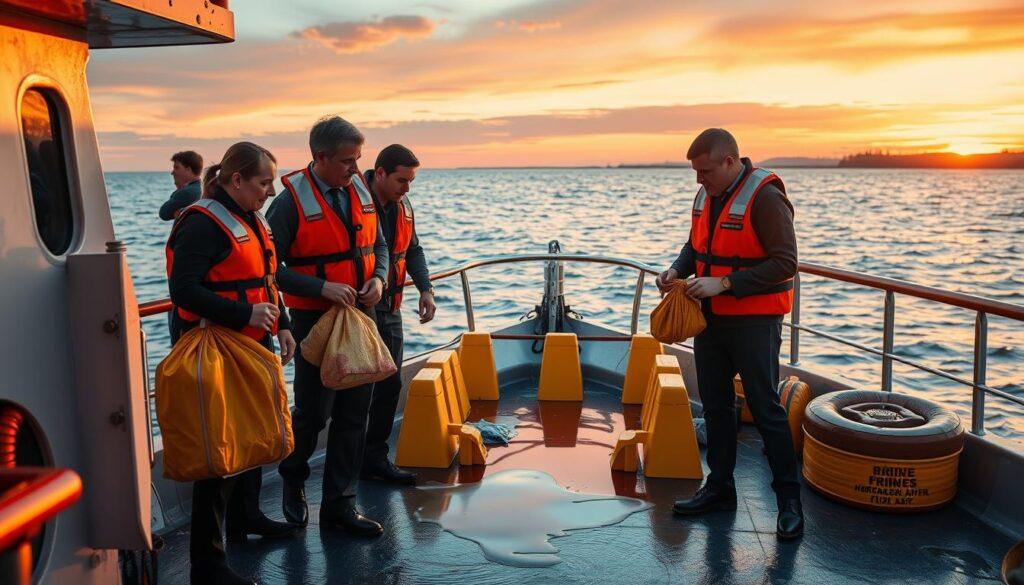 A marine fuel safety scene on a boat during an emergency spill response. In the foreground, a diverse team of two professionals wearing life jackets and smart business attire, urgently coordinating a response, holding safety equipment like absorbent pads and a containment boom. In the middle, a small containment area with yellow safety barriers and spilled fuel highlighted by orange and pink reflections from the setting sun. In the background, a calm sea with a distant shoreline under a vibrant sunset sky. The lighting is warm with dramatic shadows, captured from a low angle to emphasize urgency. The atmosphere is tense yet organized, reflecting professional preparedness amidst a potential crisis.