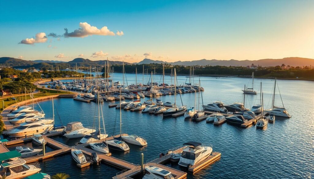A picturesque marina scene showcasing a variety of best marinas with floating docks designed for comfort and convenience. In the foreground, elegant floating docks are bustling with boats of different sizes, their reflections shimmering on the water's surface. Mid-ground features marinas lined with lush greenery and well-kept pathways, enhancing the serene atmosphere. The background includes distant hills under a clear blue sky with a few fluffy clouds. The lighting is warm and inviting, capturing the golden hour glow, which casts soft shadows and highlights the glistening water. The mood is tranquil and inviting, ideal for boating enthusiasts. No human subjects are depicted, ensuring a focus on the marina's beauty and functionality. A picturesque marina scene showcasing a variety of best marinas with floating docks designed for comfort and convenience. In the foreground, elegant floating docks are bustling with boats of different sizes, their reflections shimmering on the water's surface. Mid-ground features marinas lined with lush greenery and well-kept pathways, enhancing the serene atmosphere. The background includes distant hills under a clear blue sky with a few fluffy clouds. The lighting is warm and inviting, capturing the golden hour glow, which casts soft shadows and highlights the glistening water. The mood is tranquil and inviting, ideal for boating enthusiasts. No human subjects are depicted, ensuring a focus on the marina's beauty and functionality.