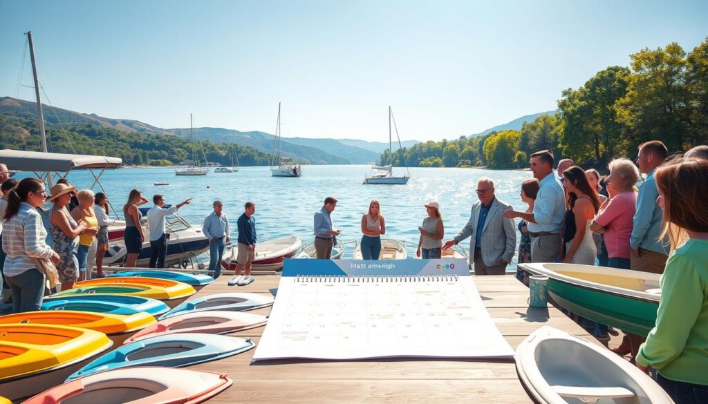 A seasonal boating calendar and crowd planning illustration, focusing on a serene marina scene set against a backdrop of gently rolling hills. In the foreground, display an organized layout of colorful boats organized by season, with a diverse array of people dressed in smart casual attire discussing plans and pointing at a large calendar on an outdoor table. The middle ground features a shimmering lake reflecting soft morning light, with a few sailboats gliding gracefully across the water. In the background, lush green trees line the shore under a clear blue sky, evoking a sense of tranquility and preparedness. The atmosphere is bright and inviting, with natural lighting enhancing the vibrant colors of the scene. Capture this moment with an eye-level angle, emphasizing the interaction among the people while maintaining a focus on the boating calendar imagery. A seasonal boating calendar and crowd planning illustration, focusing on a serene marina scene set against a backdrop of gently rolling hills. In the foreground, display an organized layout of colorful boats organized by season, with a diverse array of people dressed in smart casual attire discussing plans and pointing at a large calendar on an outdoor table. The middle ground features a shimmering lake reflecting soft morning light, with a few sailboats gliding gracefully across the water. In the background, lush green trees line the shore under a clear blue sky, evoking a sense of tranquility and preparedness. The atmosphere is bright and inviting, with natural lighting enhancing the vibrant colors of the scene. Capture this moment with an eye-level angle, emphasizing the interaction among the people while maintaining a focus on the boating calendar imagery.
