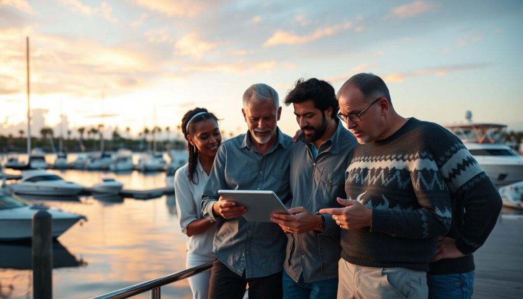 A serene marina scene depicting boaters engaged in lively discussions while analyzing reviews. In the foreground, a group of three diverse boaters—one African American woman in a stylish, professional boating outfit, one Caucasian man in a casual yet neat shirt, and one Hispanic man in a marine-themed sweater—are gathered around a tablet, examining marina testimonials. In the middle, the marina's dock is visible, lined with various boats, some anchored peacefully while others are being readied for departure. The background features a picturesque view of calm waters reflecting the soft, golden glow of sunset, with distant palm trees and a vibrant sky filled with hues of orange and pink. Soft, warm lighting enhances the relaxed atmosphere, evoking a sense of community and shared experiences among boaters. A serene marina scene depicting boaters engaged in lively discussions while analyzing reviews. In the foreground, a group of three diverse boaters—one African American woman in a stylish, professional boating outfit, one Caucasian man in a casual yet neat shirt, and one Hispanic man in a marine-themed sweater—are gathered around a tablet, examining marina testimonials. In the middle, the marina's dock is visible, lined with various boats, some anchored peacefully while others are being readied for departure. The background features a picturesque view of calm waters reflecting the soft, golden glow of sunset, with distant palm trees and a vibrant sky filled with hues of orange and pink. Soft, warm lighting enhances the relaxed atmosphere, evoking a sense of community and shared experiences among boaters.
