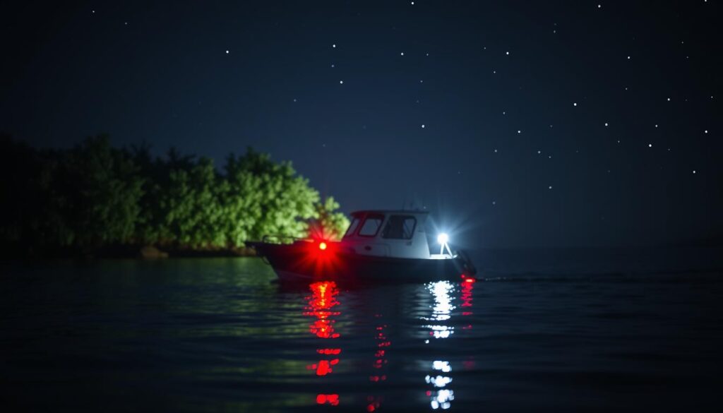 A serene nighttime scene featuring a small boat gently bobbing on calm waters, illuminated by its navigation lights. In the foreground, focus on the vibrant red and green sidelights glowing brightly against the dark backdrop, casting subtle reflections on the water's surface. In the middle section, the boat's silhouette is softly lit, emphasizing its structure and the lush greenery of the shore partially visible in the background, creating a harmonious balance. The background showcases a starry sky with scattered twinkling stars, enhancing the tranquil atmosphere. Use a soft focus lens to capture a dreamy effect, highlighting the importance of navigation in safe boating during the night while creating a peaceful and inviting mood. A serene nighttime scene featuring a small boat gently bobbing on calm waters, illuminated by its navigation lights. In the foreground, focus on the vibrant red and green sidelights glowing brightly against the dark backdrop, casting subtle reflections on the water's surface. In the middle section, the boat's silhouette is softly lit, emphasizing its structure and the lush greenery of the shore partially visible in the background, creating a harmonious balance. The background showcases a starry sky with scattered twinkling stars, enhancing the tranquil atmosphere. Use a soft focus lens to capture a dreamy effect, highlighting the importance of navigation in safe boating during the night while creating a peaceful and inviting mood.