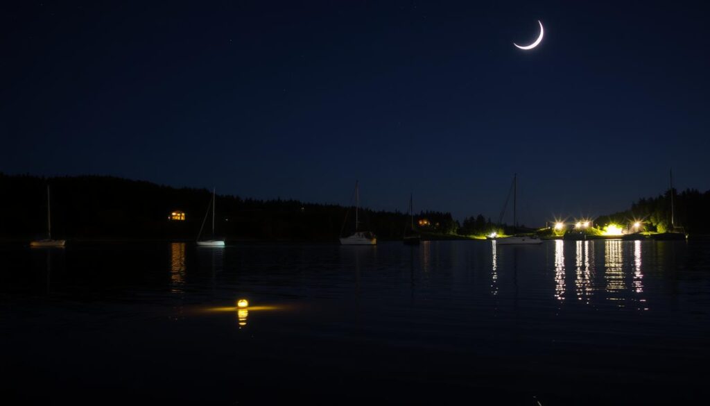A serene nighttime scene of Anchorage during quiet hours, featuring calm, reflective water gently lapping against anchored boats. In the foreground, a few soft anchor lights shimmer, casting a warm, inviting glow on the water's surface. The middle ground includes a small cluster of quiet vessels, silhouetted against the dusk. The background is a tranquil shoreline adorned with lush greenery and distant, softly illuminated cabins nestled among the trees. The night sky is clear, dotted with stars, and a faint crescent moon hangs overhead, creating a peaceful atmosphere. The warm illumination contrasts beautifully with the cooler blues of the night, evoking a sense of calm and respect for the quiet beauty of the anchorage. Use a wide-angle lens to capture the expansive view and emphasize the stillness of the moment. A serene nighttime scene of Anchorage during quiet hours, featuring calm, reflective water gently lapping against anchored boats. In the foreground, a few soft anchor lights shimmer, casting a warm, inviting glow on the water's surface. The middle ground includes a small cluster of quiet vessels, silhouetted against the dusk. The background is a tranquil shoreline adorned with lush greenery and distant, softly illuminated cabins nestled among the trees. The night sky is clear, dotted with stars, and a faint crescent moon hangs overhead, creating a peaceful atmosphere. The warm illumination contrasts beautifully with the cooler blues of the night, evoking a sense of calm and respect for the quiet beauty of the anchorage. Use a wide-angle lens to capture the expansive view and emphasize the stillness of the moment.