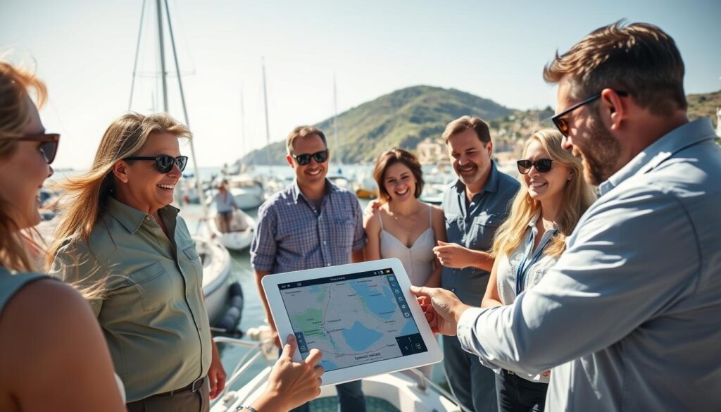 A vibrant scene illustrating community-driven navigation apps for boaters, set in a sunny coastal harbor. In the foreground, a diverse group of sailors, dressed in professional casual attire, collaborate around a tablet displaying a navigation app filled with local recommendations like marinas, fishing spots, and scenic routes. In the middle ground, various boats are docked, showcasing different sizes and styles, while boaters engage in friendly conversations. The background features a picturesque shoreline with green hills and a bright blue sky, creating a sense of adventure and camaraderie. Soft natural lighting illuminates the scene, emphasizing an inviting and dynamic atmosphere. Capture this moment from a slightly elevated angle to enhance the sense of community and interaction. A vibrant scene illustrating community-driven navigation apps for boaters, set in a sunny coastal harbor. In the foreground, a diverse group of sailors, dressed in professional casual attire, collaborate around a tablet displaying a navigation app filled with local recommendations like marinas, fishing spots, and scenic routes. In the middle ground, various boats are docked, showcasing different sizes and styles, while boaters engage in friendly conversations. The background features a picturesque shoreline with green hills and a bright blue sky, creating a sense of adventure and camaraderie. Soft natural lighting illuminates the scene, emphasizing an inviting and dynamic atmosphere. Capture this moment from a slightly elevated angle to enhance the sense of community and interaction.