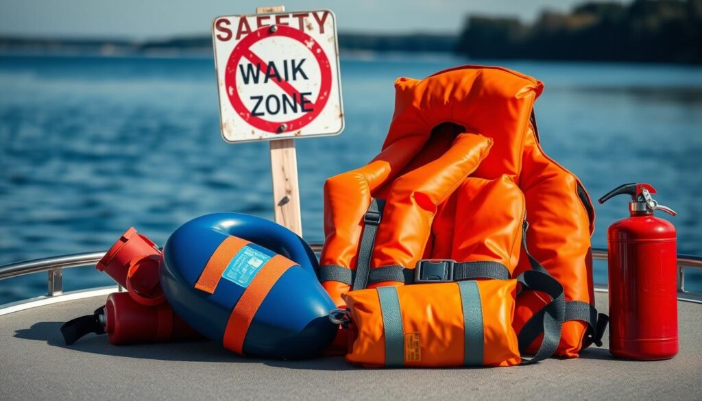 A well-organized boat safety kit arranged neatly on a solid surface, featuring bright orange life jackets stacked vertically, a blue throwable device prominently displayed, and a red fire extinguisher positioned for easy access. In the background, a weathered no-wake zone sign stands prominently against a serene lakeside setting, emphasizing safety regulations. The lighting is soft and natural, casting gentle shadows that highlight the textures of the gear. The angle is slightly elevated, providing a clear view of the safety items while maintaining focus on the sign. The atmosphere is calm and responsible, reinforcing a sense of preparedness and awareness about boating safety. A well-organized boat safety kit arranged neatly on a solid surface, featuring bright orange life jackets stacked vertically, a blue throwable device prominently displayed, and a red fire extinguisher positioned for easy access. In the background, a weathered no-wake zone sign stands prominently against a serene lakeside setting, emphasizing safety regulations. The lighting is soft and natural, casting gentle shadows that highlight the textures of the gear. The angle is slightly elevated, providing a clear view of the safety items while maintaining focus on the sign. The atmosphere is calm and responsible, reinforcing a sense of preparedness and awareness about boating safety.