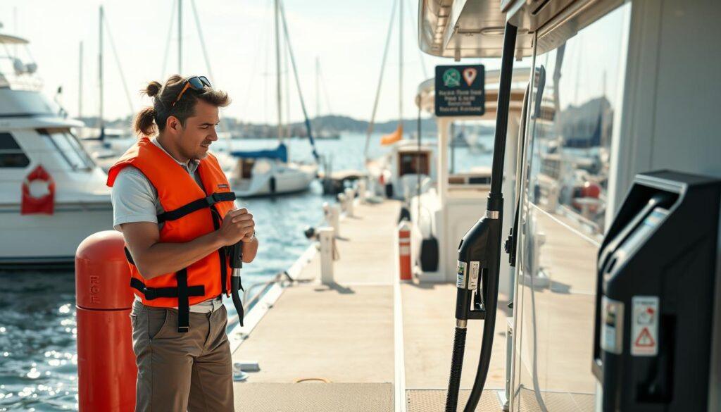 A well-organized fuel dock scene depicting safe fueling procedures on a boat. In the foreground, a professional individual in a life jacket, wearing modest casual clothing, is carefully handling a fuel nozzle while ensuring proper safety measures. In the middle ground, a clean and orderly fuel dock shows other boats lined up for fueling, and clear signage indicating safety protocols. The background features a sunny marina with gently rippling water and distant sailboats. The lighting is bright and natural, capturing the warm ambiance of a sunny day. The angle is slightly elevated to provide a comprehensive view of the safe fueling process while emphasizing the importance of safety and compliance in marine environments. The mood is focused and professional, underscoring diligence in fueling procedures.