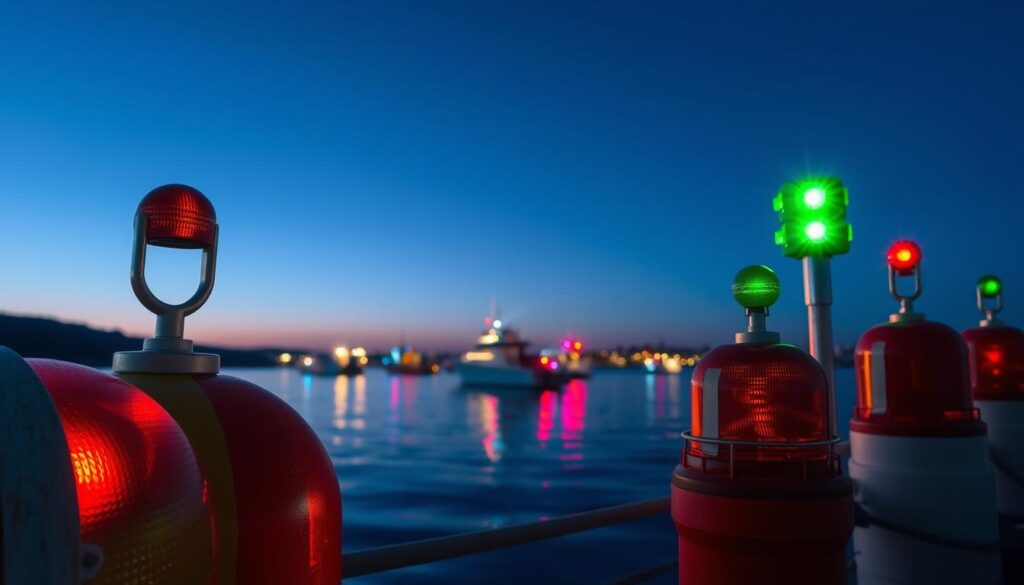 An illustration showcasing various boating navigation lights and signals, meticulously arranged to emphasize their importance in maritime safety. In the foreground, detailed close-ups of red and green navigation lights on buoys and boats are highlighted, showcasing textures and light reflections. The middle ground features a serene harbor scene at dusk with multiple vessels displaying their signaling lights, casting colorful reflections on the water. In the background, a calm twilight sky gradually transitions to deep blue, enhancing the overall atmosphere of safety and compliance in boating. The scene should embody a sense of order and clarity, with soft lighting to create a peaceful yet informative mood, all captured from a low angle to emphasize the navigational elements against the horizon. An illustration showcasing various boating navigation lights and signals, meticulously arranged to emphasize their importance in maritime safety. In the foreground, detailed close-ups of red and green navigation lights on buoys and boats are highlighted, showcasing textures and light reflections. The middle ground features a serene harbor scene at dusk with multiple vessels displaying their signaling lights, casting colorful reflections on the water. In the background, a calm twilight sky gradually transitions to deep blue, enhancing the overall atmosphere of safety and compliance in boating. The scene should embody a sense of order and clarity, with soft lighting to create a peaceful yet informative mood, all captured from a low angle to emphasize the navigational elements against the horizon.