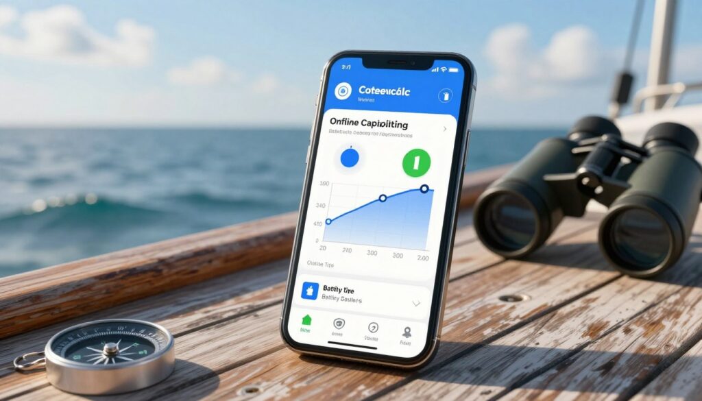 A close-up view of a marine weather app interface displayed on a modern smartphone, featuring charts for offline caching capabilities and battery-saving tips. The smartphone rests on a weathered wooden boat deck, surrounded by navigation tools like a compass and binoculars. In the background, a serene marine landscape showcases calm waters with gentle waves, under a clear blue sky dotted with a few fluffy clouds. Soft, natural sunlight filters through, creating a warm and inviting atmosphere. The focus is on the smartphone screen, clearly illustrating the app's features while the surrounding elements provide context for safe boating practices. The image should evoke a sense of preparedness and tranquility ideal for marine enthusiasts.