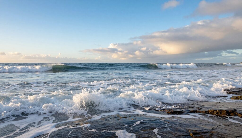 A dynamic coastal scene illustrating the contrast between wind waves and swell direction. In the foreground, choppy wind waves crash against a rocky shoreline, capturing the energy of onshore winds, with frothy white caps. The middle ground features rolling swells, gently curving towards the horizon, demonstrating the influence of distant storms, with a smooth surface reflecting the sunlight. In the background, a vibrant blue sky transitions into soft clouds, with hints of golden sunlight filtering through, enhancing the mood of a bright, breezy day. The image should be captured from a low angle, evoking a sense of immersion in the coastal environment, while highlighting the interplay between the chaotic wind waves and the graceful swells. The overall atmosphere should convey both the power and serenity of the ocean.