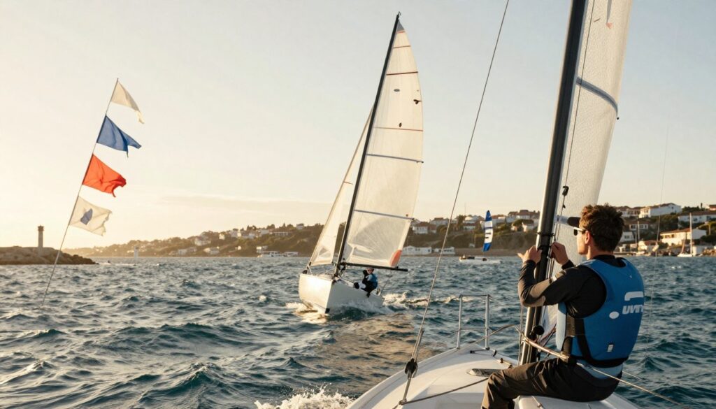 A scene of a sailor skillfully interpreting leeside wind conditions while sailing. In the foreground, a focused sailor in a professional sailing outfit adjusts their sails, intently observing the water and flags. The middle ground features a sailboat heeling over gently in the wind, with prominent harbor flags visible fluttering nearby, reflecting the wind direction. The background showcases a picturesque coastal harbor with gentle waves and the sun casting warm golden light, creating a serene and dynamic atmosphere. Use a wide-angle lens perspective to capture the full essence of the sailing environment, emphasizing the connection between the sailor, the boat, and the breezy landscape. The mood is calm yet vigilant, evoking a sense of adventure and mastery over sailing conditions. A scene of a sailor skillfully interpreting leeside wind conditions while sailing. In the foreground, a focused sailor in a professional sailing outfit adjusts their sails, intently observing the water and flags. The middle ground features a sailboat heeling over gently in the wind, with prominent harbor flags visible fluttering nearby, reflecting the wind direction. The background showcases a picturesque coastal harbor with gentle waves and the sun casting warm golden light, creating a serene and dynamic atmosphere. Use a wide-angle lens perspective to capture the full essence of the sailing environment, emphasizing the connection between the sailor, the boat, and the breezy landscape. The mood is calm yet vigilant, evoking a sense of adventure and mastery over sailing conditions.