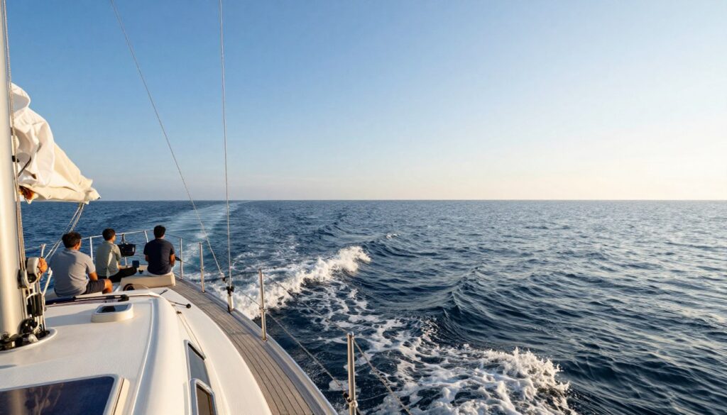 A serene scene depicting a sailboat navigating through gentle waves under a clear blue sky. In the foreground, the boat shows a well-maintained deck with comfortably arranged seating and a few sailors in modest casual clothing, exhibiting relaxed postures as they enjoy the ride. The middle ground captures the rolling waves, their textures highlighted by soft sunlight shimmering on the water surface. The background features a distant horizon, where the sky meets the sea in gradient hues of blue and white, suggesting a peaceful day at sea. The lighting is warm and inviting, enhancing the tranquil atmosphere while reflecting the challenges of boat comfort thresholds in varying wave conditions. Use a wide-angle lens to emphasize the expansive ocean view and the interaction between the boat and the water.
