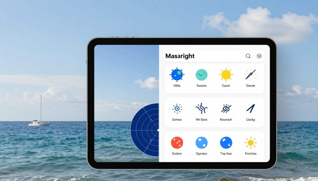 A visually striking marine weather app comparison table set against a serene coastal backdrop. In the foreground, a sleek digital tablet displays the comparison table, organized with clear, colorful icons representing different apps, featuring elements such as radar imagery, wind forecasts, and tide information. The middle ground should showcase an illustrative ocean with gentle waves and a few boats sailing, reflecting the necessity of this information for safe boating. The background consists of a clear blue sky with soft, fluffy clouds, evoking a calm and sunny day perfect for maritime activities. Utilize soft natural lighting to enhance clarity and make the app icons pop. Maintain a professional and informative atmosphere, inviting viewers to explore the advantages of each app.