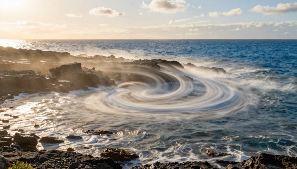 Thermal wind patterns swirling around a rugged coastal headland during a warm afternoon. In the foreground, gentle waves lap at the rocky shoreline, reflecting sunlight. In the middle, warm air rises over the land, creating visible thermal currents that twist and spiral upwards. Above these currents, sea breezes converge, manifesting as light clouds. The background showcases a vibrant blue sea and a distant horizon, where the ocean meets the sky. The scene is illuminated by soft, golden sunlight, emphasizing the dynamic movement of the air and water. Capture this from a slightly elevated angle to highlight the interaction between land and sea, creating a serene yet energetic atmosphere. Focus on the textures and colors to evoke the hidden complexities of coastal thermal circulations. Thermal wind patterns swirling around a rugged coastal headland during a warm afternoon. In the foreground, gentle waves lap at the rocky shoreline, reflecting sunlight. In the middle, warm air rises over the land, creating visible thermal currents that twist and spiral upwards. Above these currents, sea breezes converge, manifesting as light clouds. The background showcases a vibrant blue sea and a distant horizon, where the ocean meets the sky. The scene is illuminated by soft, golden sunlight, emphasizing the dynamic movement of the air and water. Capture this from a slightly elevated angle to highlight the interaction between land and sea, creating a serene yet energetic atmosphere. Focus on the textures and colors to evoke the hidden complexities of coastal thermal circulations.