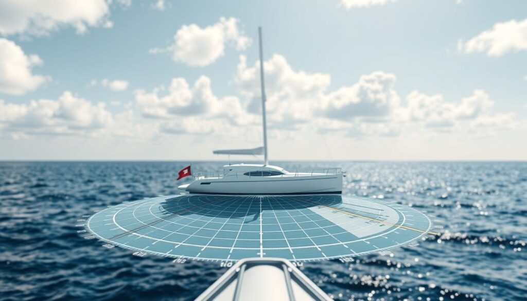 A detailed and informative boat polar diagram performance model in a clear, analytic style. Foreground features a sharply rendered polar diagram displaying wind speed and angles, with distinct color-coded lines illustrating the boat's performance under different conditions. The middle ground consists of navigational elements, such as a magnetic compass and a simplified weather map, indicating route options and potential hazards. The background includes a serene ocean horizon under a partly cloudy sky, suggesting ideal sailing conditions. The lighting is bright and natural, reflecting a sunny day with soft shadows. The overall mood is professional and technical, conveying clarity and safety in weather routing concepts, without any captions or distractions.