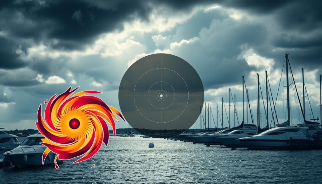 A detailed and informative cone of uncertainty graphic for hurricane tracking, showcasing a large, vivid hurricane symbol in the foreground, featuring swirling winds and rain. The middle ground should display a transparent overlay of the cone itself, with defined boundaries creating a sense of direction and potential impact areas. The background should include a coastal marina scene, with boats gently bobbing in the water, under a moody, cloud-filled sky suggesting an approaching storm. Use dynamic lighting to reflect the seriousness of hurricane preparedness, with shadows cast by the clouds. The composition should provide a clear, educational view of the cone of uncertainty, suitable for analysis and understanding of hurricane paths. The mood should be tense yet informative, emphasizing the importance of readiness.