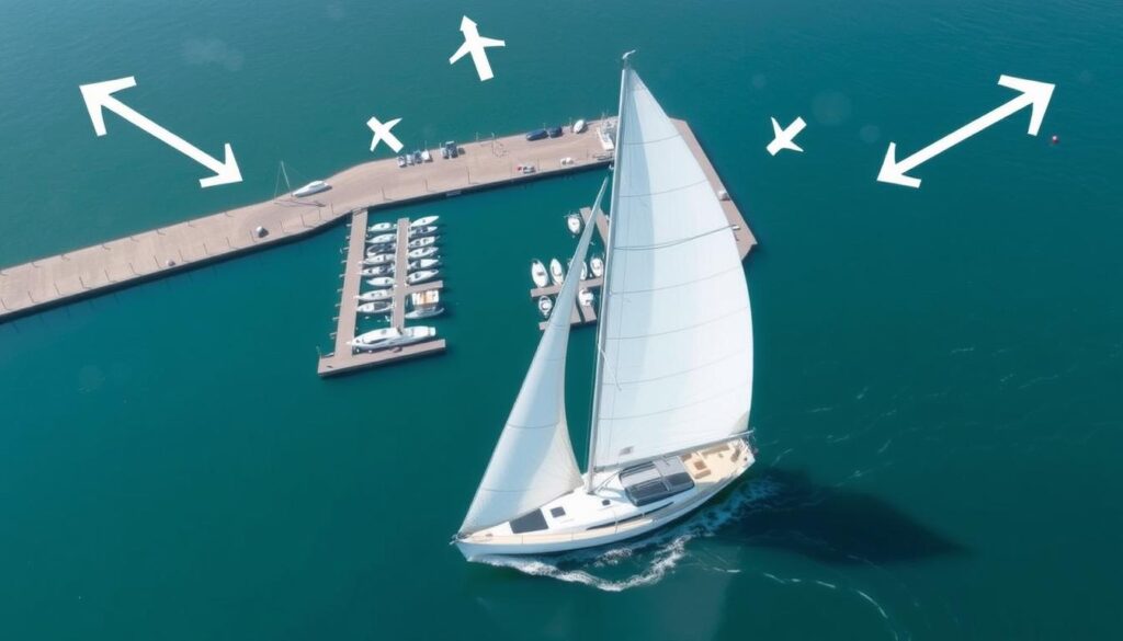 A detailed crosswind docking diagram illustrating a sailboat navigating a harbor with a strong crosswind. In the foreground, the sailboat is depicted with its sail trimmed effectively for the scenario, showcasing the tension in the sail. The middle ground features the harbor layout, including docks, mooring lines, and surrounding boats, to indicate the strategic position for docking. The background captures jagged wind direction arrows and weather elements, emphasizing the wind's influence on the docking process. Use bright, clear lighting to enhance visibility, with a slight aerial perspective to provide an informative overview. The atmosphere should be professional and instructional, ideal for a technical article. No text overlays or annotations included. A detailed crosswind docking diagram illustrating a sailboat navigating a harbor with a strong crosswind. In the foreground, the sailboat is depicted with its sail trimmed effectively for the scenario, showcasing the tension in the sail. The middle ground features the harbor layout, including docks, mooring lines, and surrounding boats, to indicate the strategic position for docking. The background captures jagged wind direction arrows and weather elements, emphasizing the wind's influence on the docking process. Use bright, clear lighting to enhance visibility, with a slight aerial perspective to provide an informative overview. The atmosphere should be professional and instructional, ideal for a technical article. No text overlays or annotations included.