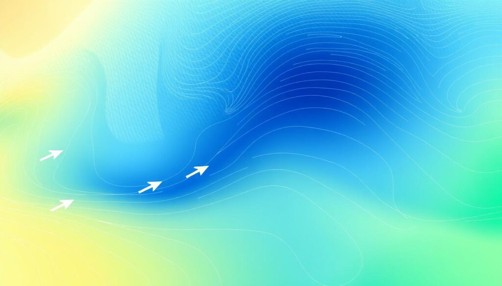 A detailed gradient wind weather map illustrating atmospheric pressure trends, featuring smooth transitions between various shades of blue, green, and yellow to represent different wind strengths. In the foreground, intricate arrows indicate wind direction, while subtle gradient lines suggest changing weather systems. The middle ground shows an overlay of contour lines for pressure systems, with darker colors representing high pressure and lighter hues for low pressure, designed to create a sense of depth. The background is a textured abstract representation of the sky, evoking a sense of dynamic weather motion. Soft, ambient lighting enhances the clarity and vibrancy of the colors, creating a professional yet engaging atmosphere suitable for educational use. The perspective is slightly angled to provide a comprehensive view of the map's details, without any text or annotations. A detailed gradient wind weather map illustrating atmospheric pressure trends, featuring smooth transitions between various shades of blue, green, and yellow to represent different wind strengths. In the foreground, intricate arrows indicate wind direction, while subtle gradient lines suggest changing weather systems. The middle ground shows an overlay of contour lines for pressure systems, with darker colors representing high pressure and lighter hues for low pressure, designed to create a sense of depth. The background is a textured abstract representation of the sky, evoking a sense of dynamic weather motion. Soft, ambient lighting enhances the clarity and vibrancy of the colors, creating a professional yet engaging atmosphere suitable for educational use. The perspective is slightly angled to provide a comprehensive view of the map's details, without any text or annotations.