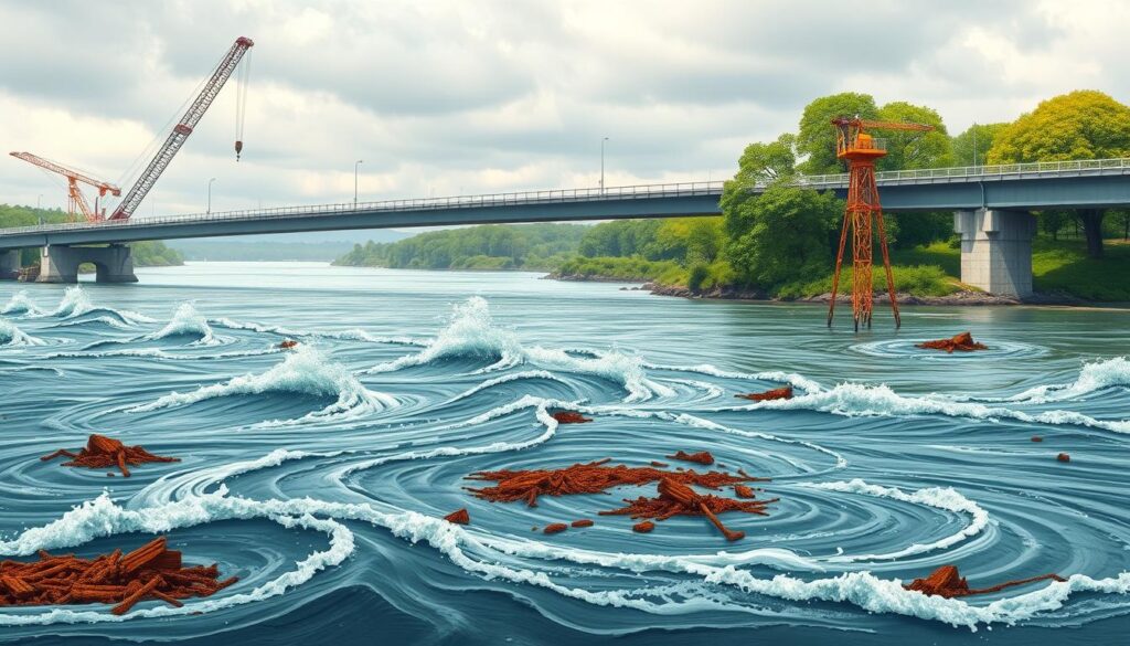 A detailed illustration depicting the concept of bridge timing and clearance calculations in an estuary setting. In the foreground, a large, modern bridge spans over a wide river, with cranes and engineers measuring heights and distances. In the middle ground, swirling currents reflect the effects of strong spring tides, with debris from fresh outflows swirling around. The background features lush, green banks with trees partially submerged in the water, under a cloudy sky casting diffused light over the scene. The angle is slightly elevated, providing a clear view of the bridge, river dynamics, and measurement activities. The overall mood is dynamic and professional, highlighting the interplay between infrastructure and natural forces. A detailed illustration depicting the concept of bridge timing and clearance calculations in an estuary setting. In the foreground, a large, modern bridge spans over a wide river, with cranes and engineers measuring heights and distances. In the middle ground, swirling currents reflect the effects of strong spring tides, with debris from fresh outflows swirling around. The background features lush, green banks with trees partially submerged in the water, under a cloudy sky casting diffused light over the scene. The angle is slightly elevated, providing a clear view of the bridge, river dynamics, and measurement activities. The overall mood is dynamic and professional, highlighting the interplay between infrastructure and natural forces.