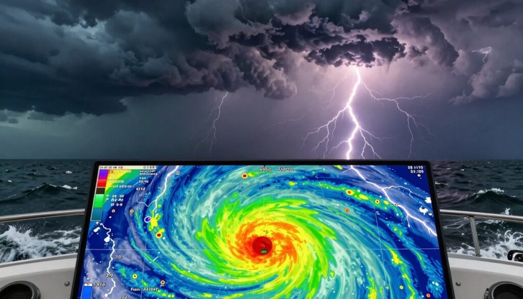 A detailed illustration of various storm types and their signatures, specifically designed for boaters. The foreground features a radar screen displaying storm patterns with vivid colors representing different types of weather, such as thunderstorms, squall lines, and lightning. In the middle ground, dynamic storm clouds churn ominously, showcasing energy and movement with flashes of lightning cutting through the dark skies. The background includes a turbulent sea with visible waves reflecting the storm's intensity. The lighting is dramatic, with stark contrasts between the dark storm clouds and bright lightning strikes. The atmosphere is tense and foreboding, emphasizing the urgency and importance of understanding storm signatures while boating. A detailed illustration of various storm types and their signatures, specifically designed for boaters. The foreground features a radar screen displaying storm patterns with vivid colors representing different types of weather, such as thunderstorms, squall lines, and lightning. In the middle ground, dynamic storm clouds churn ominously, showcasing energy and movement with flashes of lightning cutting through the dark skies. The background includes a turbulent sea with visible waves reflecting the storm's intensity. The lighting is dramatic, with stark contrasts between the dark storm clouds and bright lightning strikes. The atmosphere is tense and foreboding, emphasizing the urgency and importance of understanding storm signatures while boating.