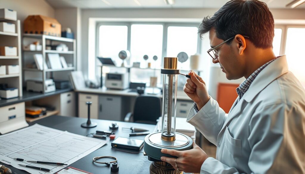 A detailed image of a professional setting focused on barometer calibration. In the foreground, a person in a lab coat is carefully adjusting a traditional mercury barometer, using precision tools. The middle layer features a neatly arranged workstation with calibration equipment, isobars plotted on graph paper, and atmospheric pressure charts displayed. In the background, a bright and well-lit laboratory environment showcases shelves stocked with meteorological instruments and a large window letting in natural light, creating a warm and inviting atmosphere. The image conveys a sense of meticulousness and accuracy, with soft lighting highlighting the intricate details of the barometer and tools, giving an overall educational and professional mood. A detailed image of a professional setting focused on barometer calibration. In the foreground, a person in a lab coat is carefully adjusting a traditional mercury barometer, using precision tools. The middle layer features a neatly arranged workstation with calibration equipment, isobars plotted on graph paper, and atmospheric pressure charts displayed. In the background, a bright and well-lit laboratory environment showcases shelves stocked with meteorological instruments and a large window letting in natural light, creating a warm and inviting atmosphere. The image conveys a sense of meticulousness and accuracy, with soft lighting highlighting the intricate details of the barometer and tools, giving an overall educational and professional mood.